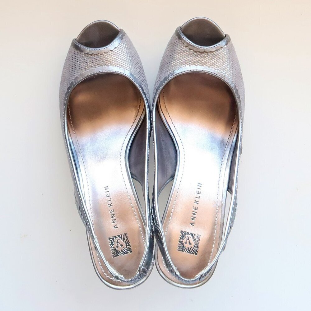 Anne Klein Silver Leather Leather Peep Toe Sling-back Platform Heels Pumps Shoes - Picture 4 of 16